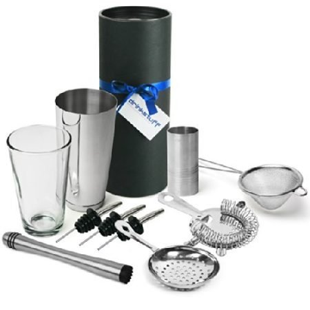 Barmans-Barware-Kit-by-bardrinkstuff-Cocktail-Gift-Set-with-Boston-Cocktail-Shaker-Tin-Glass-Jigger-Measure-Muddler-Twisted-Mixing-Spoon-Pourers-Hawthorne-Cocktail-Strainer-Julep-Cocktail-Strainer-Con-0