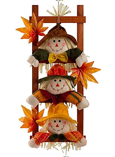 Fall-Harvest-Decor-Scarecrows-on-Ladder-Door-Decoration-with-Autumn-Leaves-Includes-three-plush-scarecrows-between-the-rungs-0