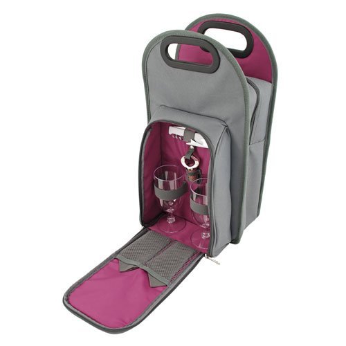 True-by-True-Fabrications-Bestselling-Metropolitan-2-Bottle-Wine-Tote-a-Picnic-for-2-Includes-2-Wine-Glasses-2-Napkins-1-Corkscrew-1-Bottle-Topper-Gray-0