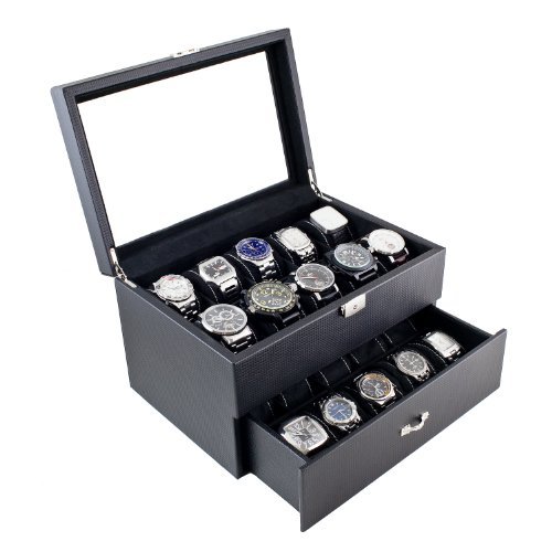 Caddy-Bay-Collection-Carbon-Fiber-Pattern-Glass-Top-Watch-Case-Display-Storage-Box-Chest-Holds-20-Watches-With-High-Clearance-for-Larger-Watches-0