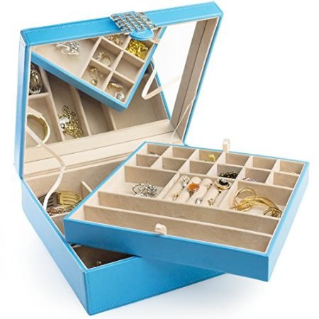 Jewelry-Box-28-Section-Classic-Jewelry-Organizer-with-Modern-Buckle-Closure-Large-Mirror-2-Trays-for-Women-Teens-and-Girls-Holder-for-Earring-Ring-Necklace-Bracelet-Watch-PU-Leather-Blue-0
