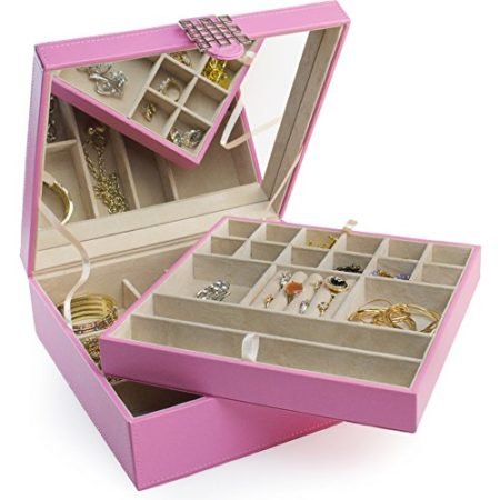 Jewelry-Box-28-Section-Classic-Jewelry-Organizer-with-Modern-Buckle-Closure-Large-Mirror-2-Trays-for-Women-Teens-and-Girls-Holder-for-Earring-Ring-Necklace-Bracelet-Watch-PU-Leather-Pink-0