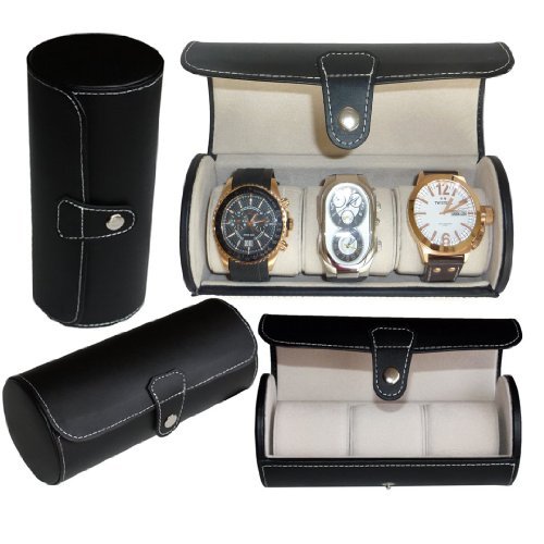 Leatherette-Roll-Travelers-Watch-Storage-Organizer-for-3-Watch-and-or-Bracelets-Black-0