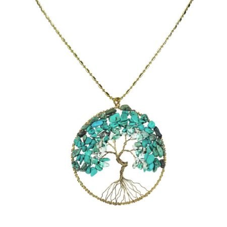 Reconstructed Turquoise Stone Eternal Tree of Life Brass Long Necklace