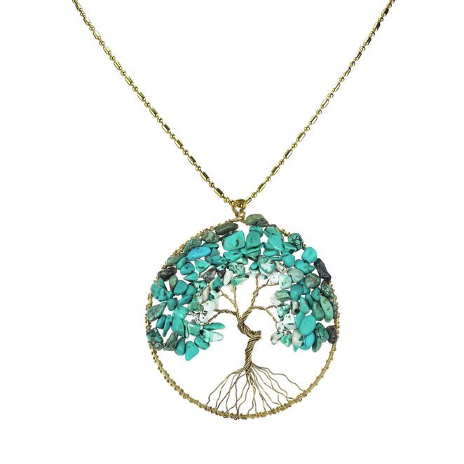 Reconstructed Turquoise Stone Eternal Tree of Life Brass Long Necklace