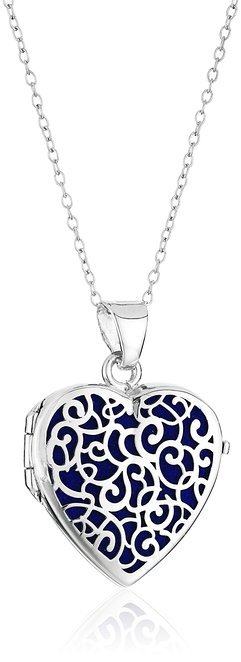 Sterling Silver Italian Heart with Freeform Design Blue Locket Necklace, 18″