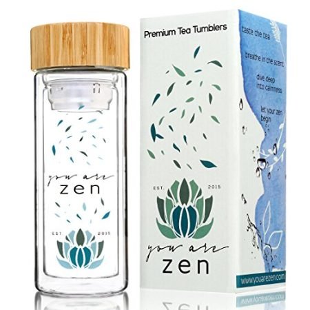 YOU-ARE-ZEN-Tea-Tumbler-Glass-Water-Bottle-Unique-Stainless-Steel-Filter-Infuser-Premium-Quality-BPA-Free-Bamboo-Lid-Travel-size-12-oz-For-Loose-leaf-Tea-Teatox-Fruit-and-Detox-0