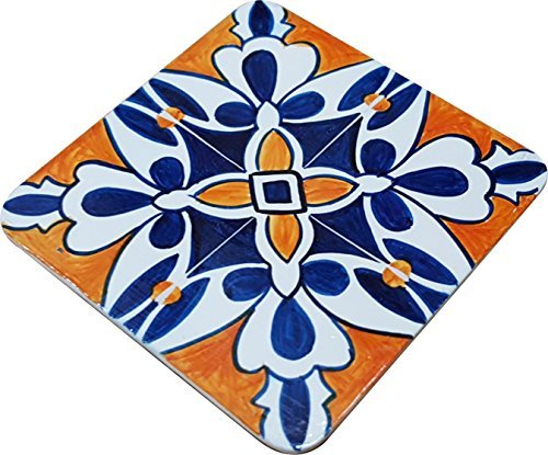 Fuchsia-Living-Handmade-Hand-painted-Coaster-Blue-Orange-Tile-Pattern-Set-Includes-6-Coasters-1-Wooden-Box-0-1