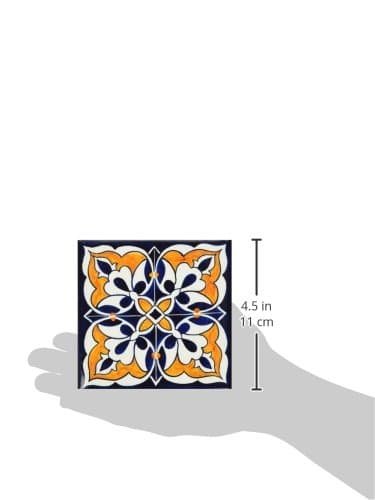 Fuchsia Living Handmade Hand-painted Coaster, Blue & Orange Tile Pattern, Set Includes 6 Coasters & 1 Wooden Box