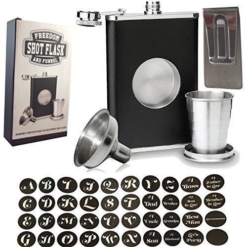 8oz-Personalized-Shot-Flask-with-Bonus-Funnel-and-Money-clip-Gift-Set-by-Freedom-Flasks-Gift-box-included-Letters-A-Z-and-12-Favorite-Sayings-0