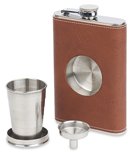 Dirty-Macks-8oz-Shot-Flask-Brown-Leather-Stainless-Steel-8-Ounce-Hip-Whiskey-Flask-Gift-Set-with-Collapsible-Retractable-Steel-Cup-and-Easy-Pour-Funnel-Great-Wedding-or-Anniversary-Gift-0