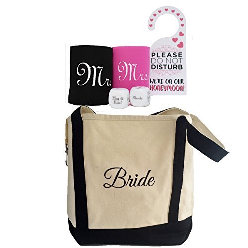 Bridal-Shower-Gift-Bride-Canvas-Tote-and-Honeymoon-Survival-Kit-Bride-and-Groom-Cup-Holders-Honeymoon-Decision-Dice-and-Do-Not-Disturb-Door-Hanger-0